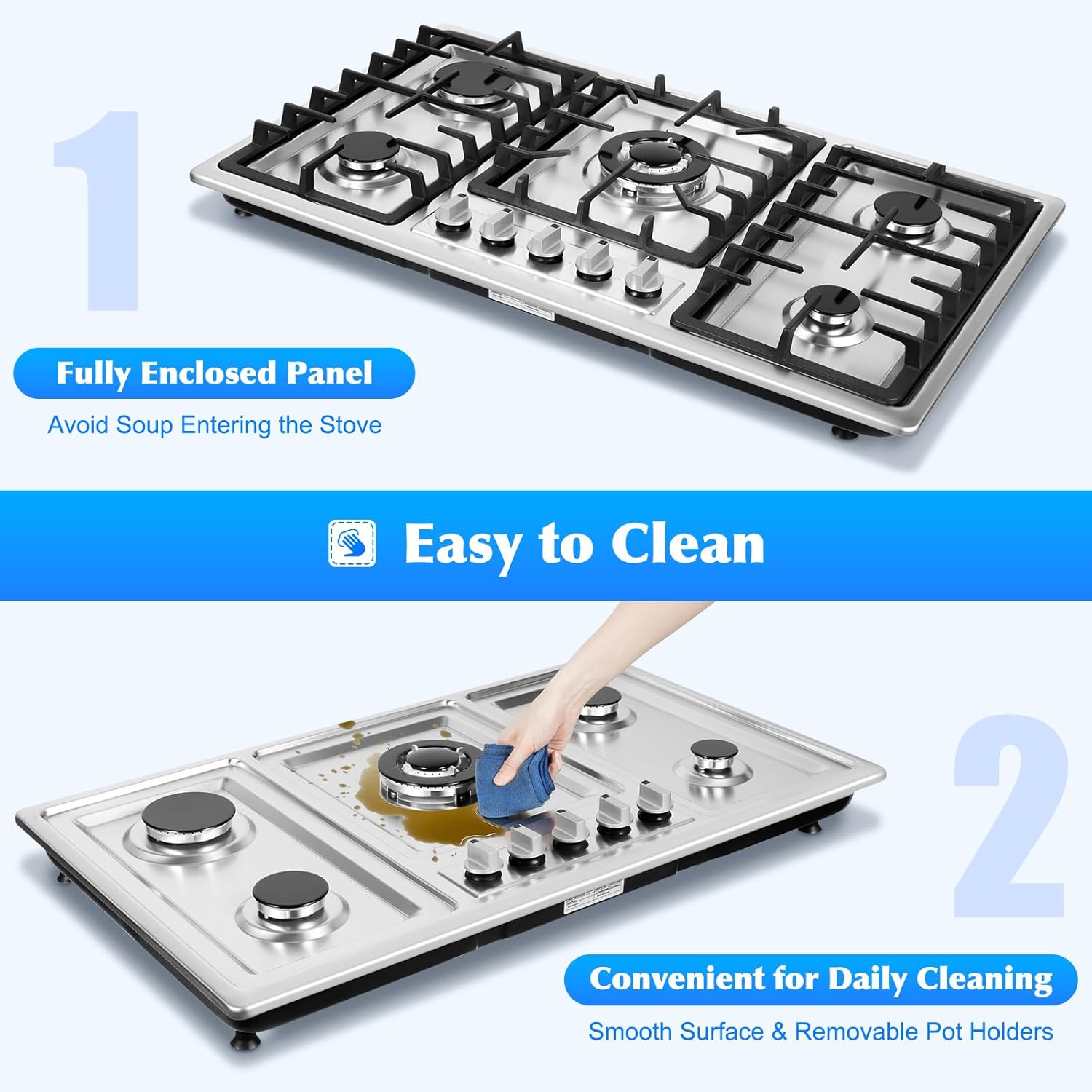 Gas Cooktop 34 inch 5 Burners Built-in Stainless Steel NG/LPG R454