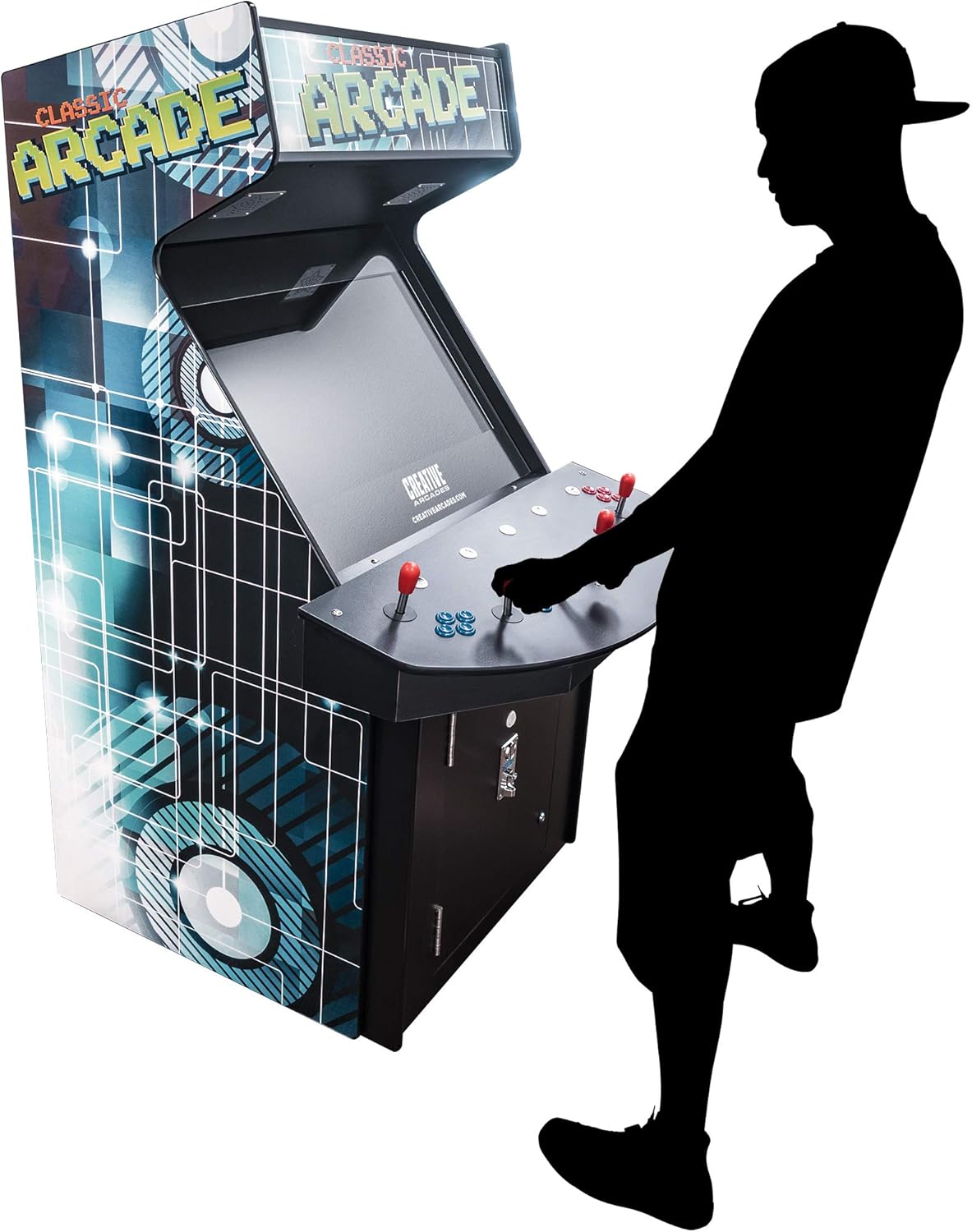 Creative Arcades Full Size Stand-Up Commercial Grade Arcade Machine | 4 Player | 3500 Games | 32" LCD Screen | 4 Sanwa Joysticks | Trackball | 2 Stools Included | 3 Year Warranty