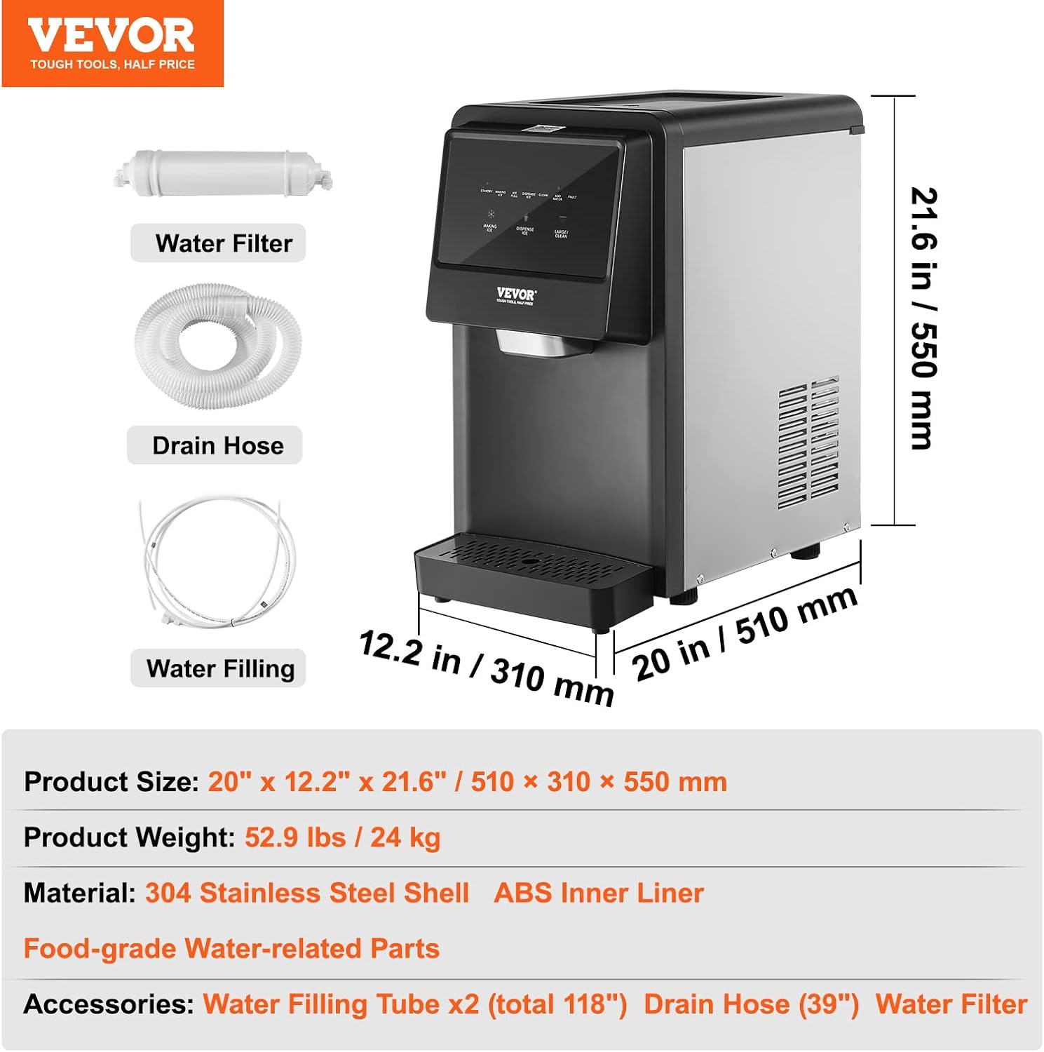 VEVOR Nugget Ice Maker, Self-Cleaning Countertop Ice Dispenser T2172