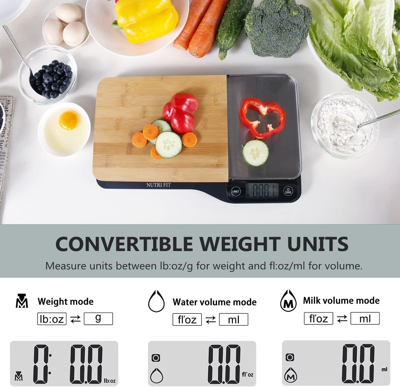 NUTRI FIT Food Scale - 3 in 1 Digital Kitchen Scale with Removable Cutting Board & Tray, LCD Display, 11lb 5kg B265