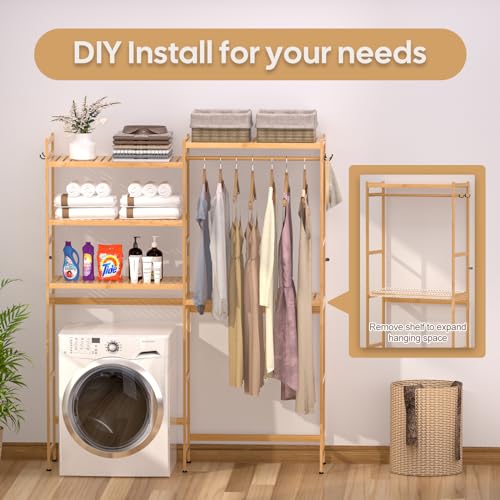 Cozivolife Over Washer Dryer Storage Shelf Bamboo 5 Tier Laundry Rack with Hooks G707