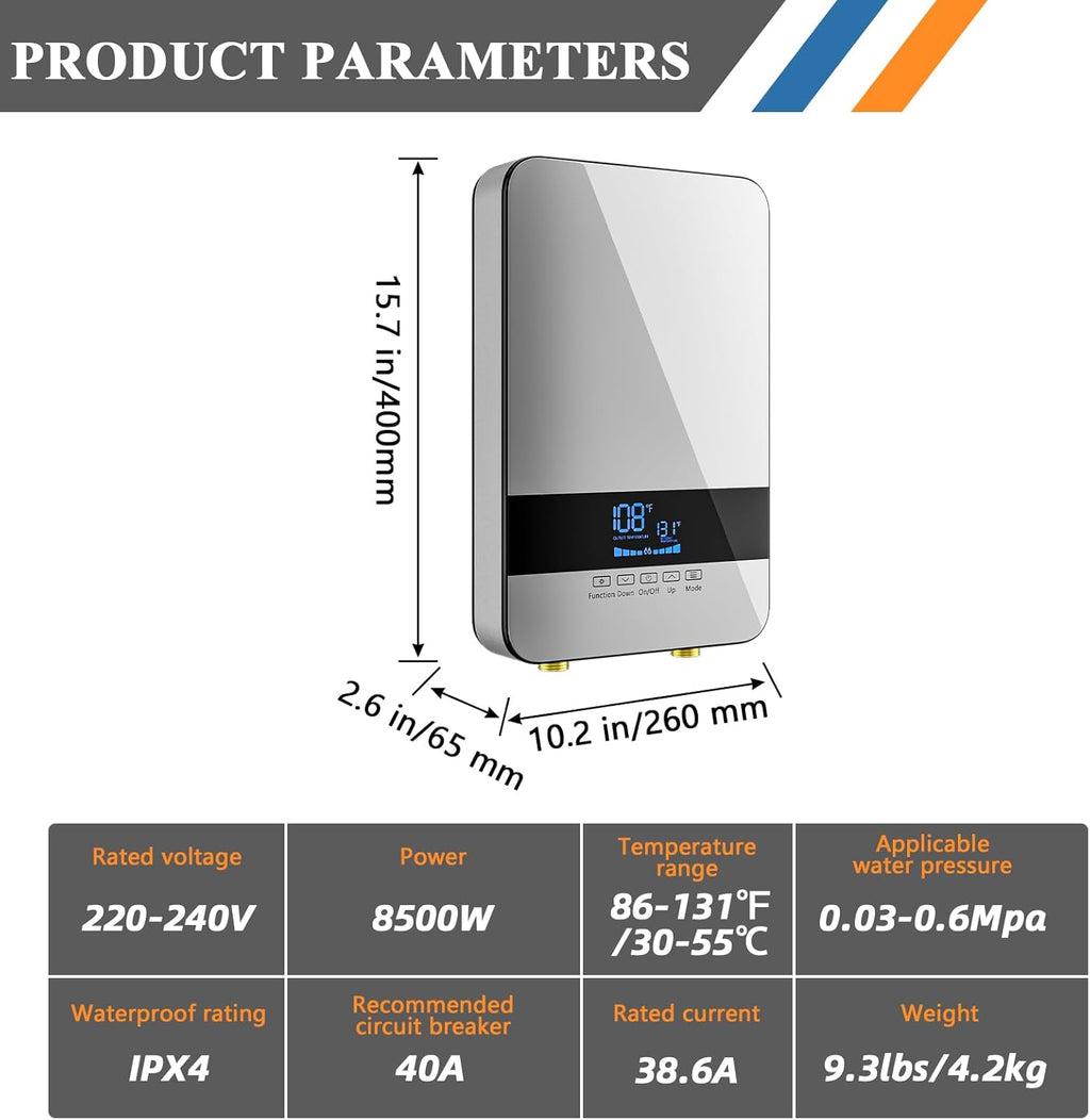 Electric Tankless Water Heater 8.5KW 240V, Point of Use with Digital Display P649