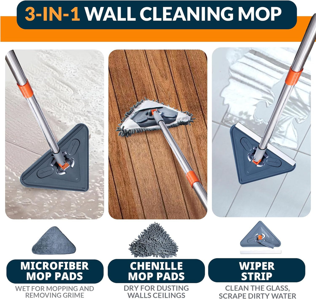Sekundoj Wall Cleaning Mop with Long Handle 85 inches, 6 Microfiber Reusable Pads V34269