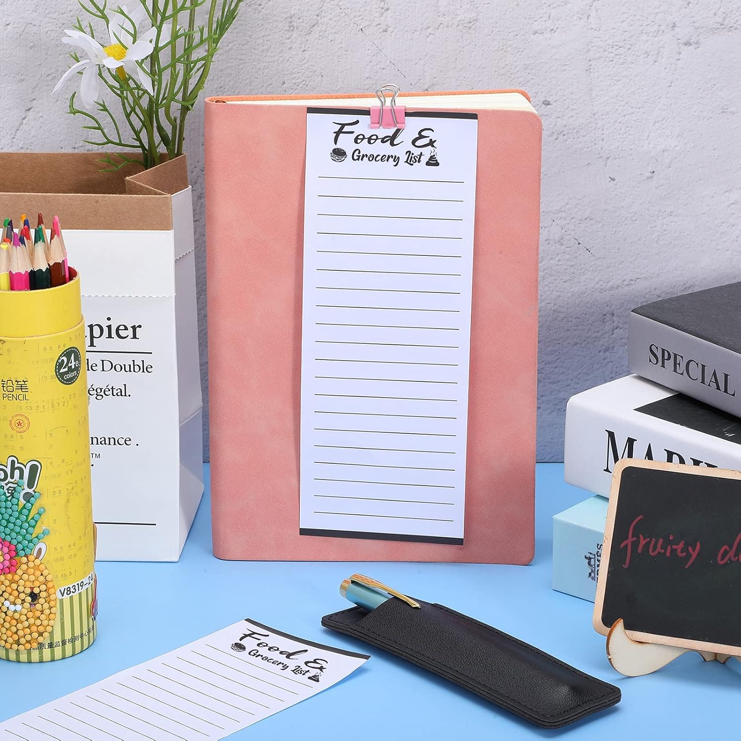 2 Pieces Magnetic Grocery List Set with Pen Holder, PU Leather Notepad for Refrigerator Q69733