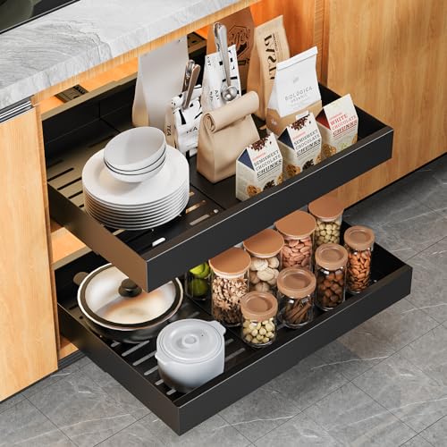 CHENDY Pull out Cabinet Organizer, Expandable Heavy Duty Slide out Drawers Fixed with Adhesive Nano Film for Pots - for Kitchen Base Cabinet Organization, Pantry, Bathroom