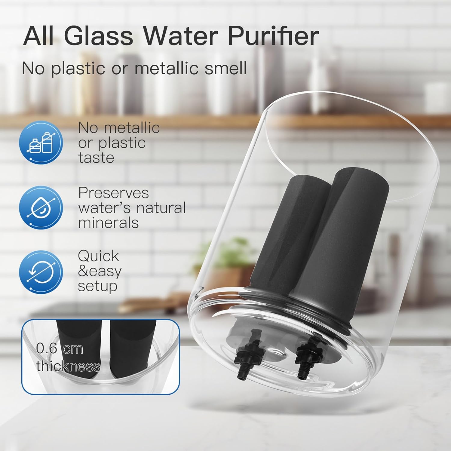 All Glass Water Purifier 2.25 Gallon with 2 Stand, Black Carbon Filter L1672