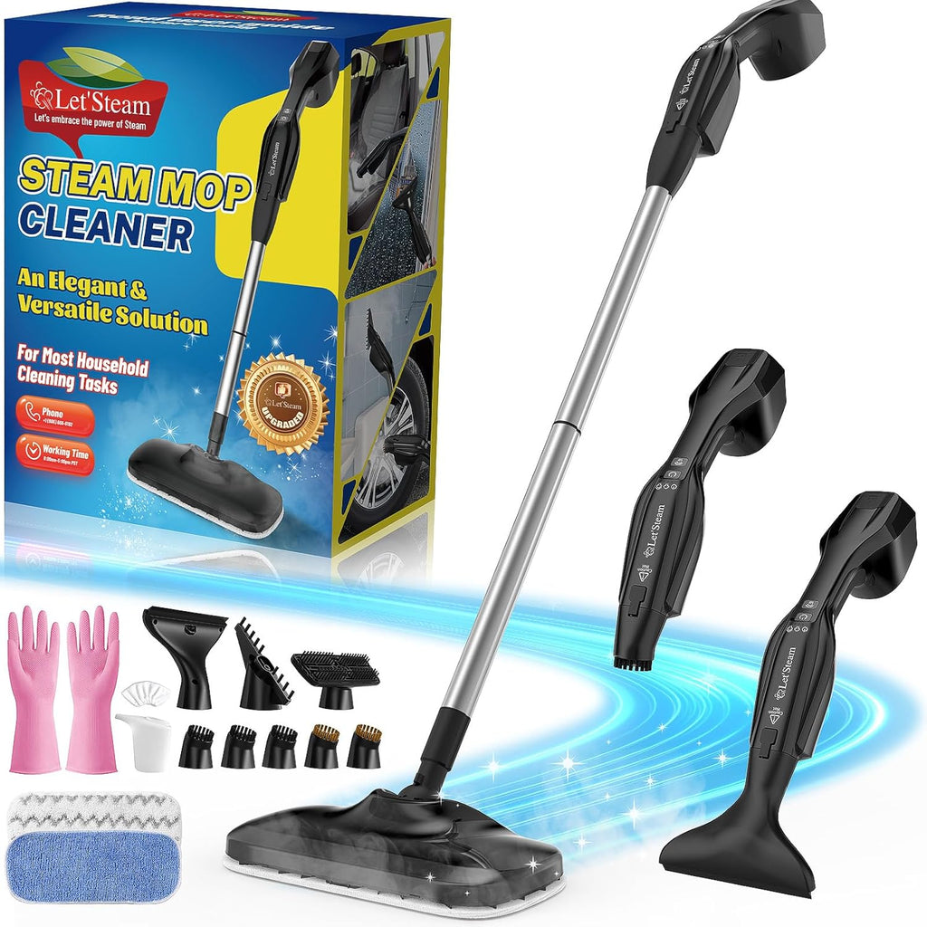 Let'Steam Powerful Heavy Duty Steam Mop with 17 Accessories for Deep Cleaning, Portable and Multifunction Floor Steamer, Pressurized Handheld Steam Cleaner for Hardwood, Tile, Grout and Windows