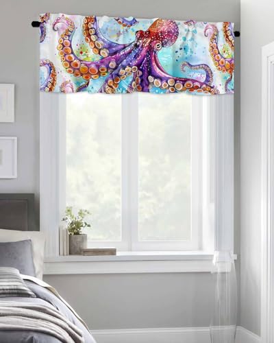 BUWOOGER Rod Pocket Window Valances Summer Coastal Octopus Kitchen Curtains 54x18IN, 1 Panel C33712