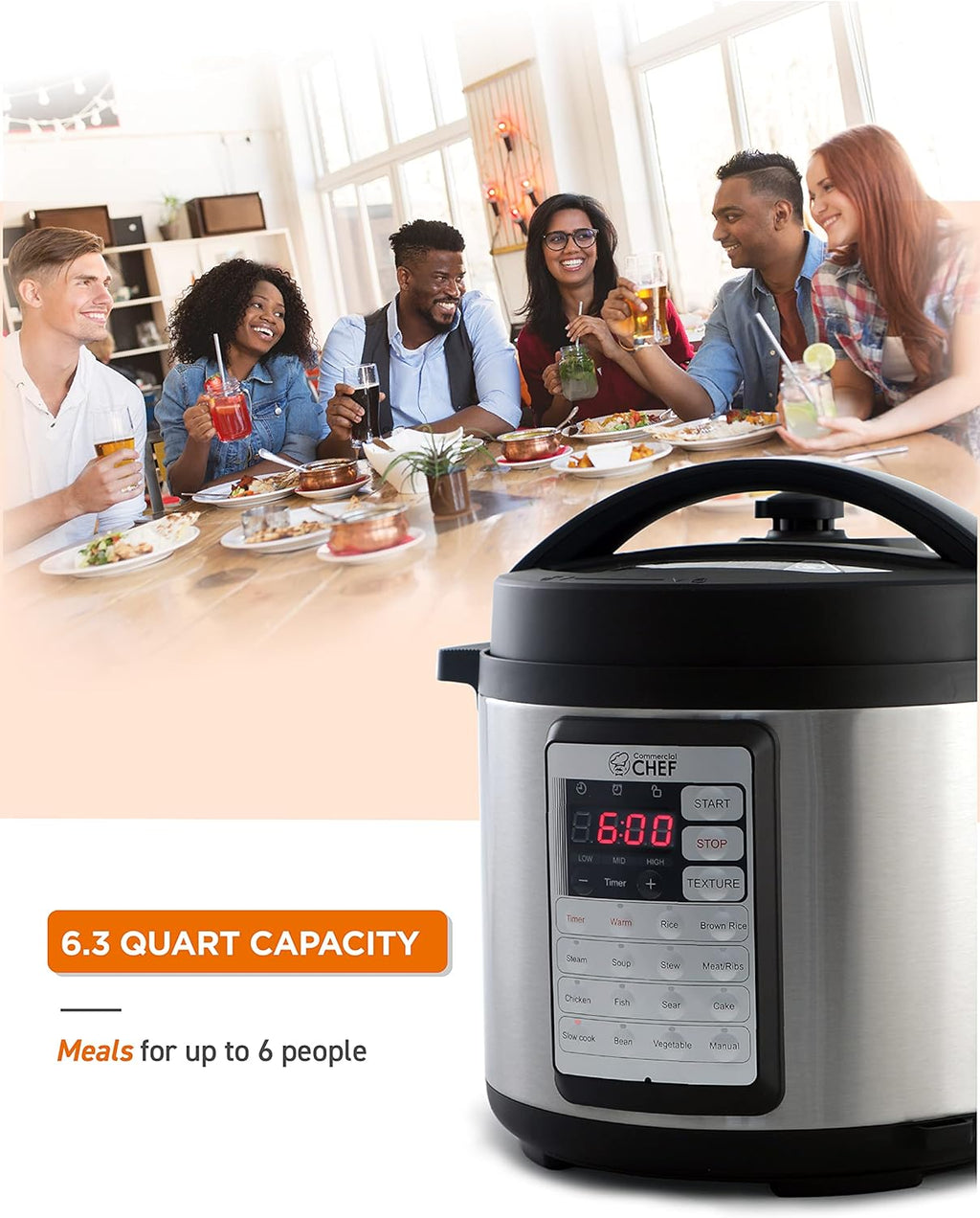 Commercial Chef Electric Pressure Cooker 6.3 Qt, Stainless Steel Interior Y517