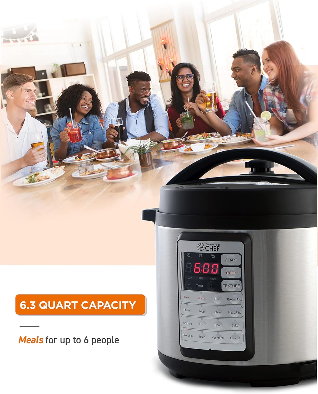 Commercial Chef Electric Pressure Cooker 6.3 Qt, Stainless Steel Interior Y517