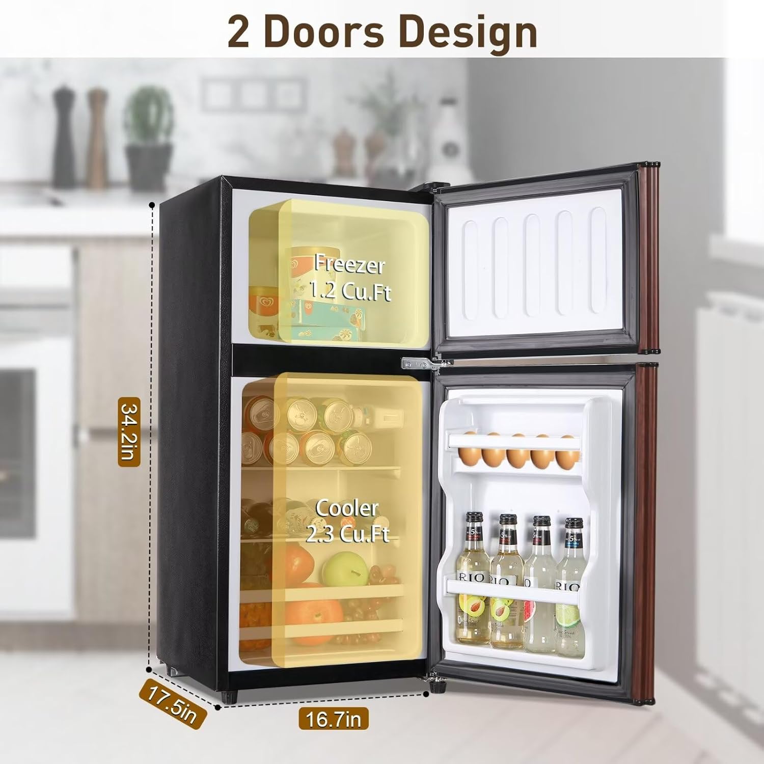 Compact Refrigerator 3.5 Cu.Ft Double Door Mini Fridge for Kitchen Dorm Office P4146
