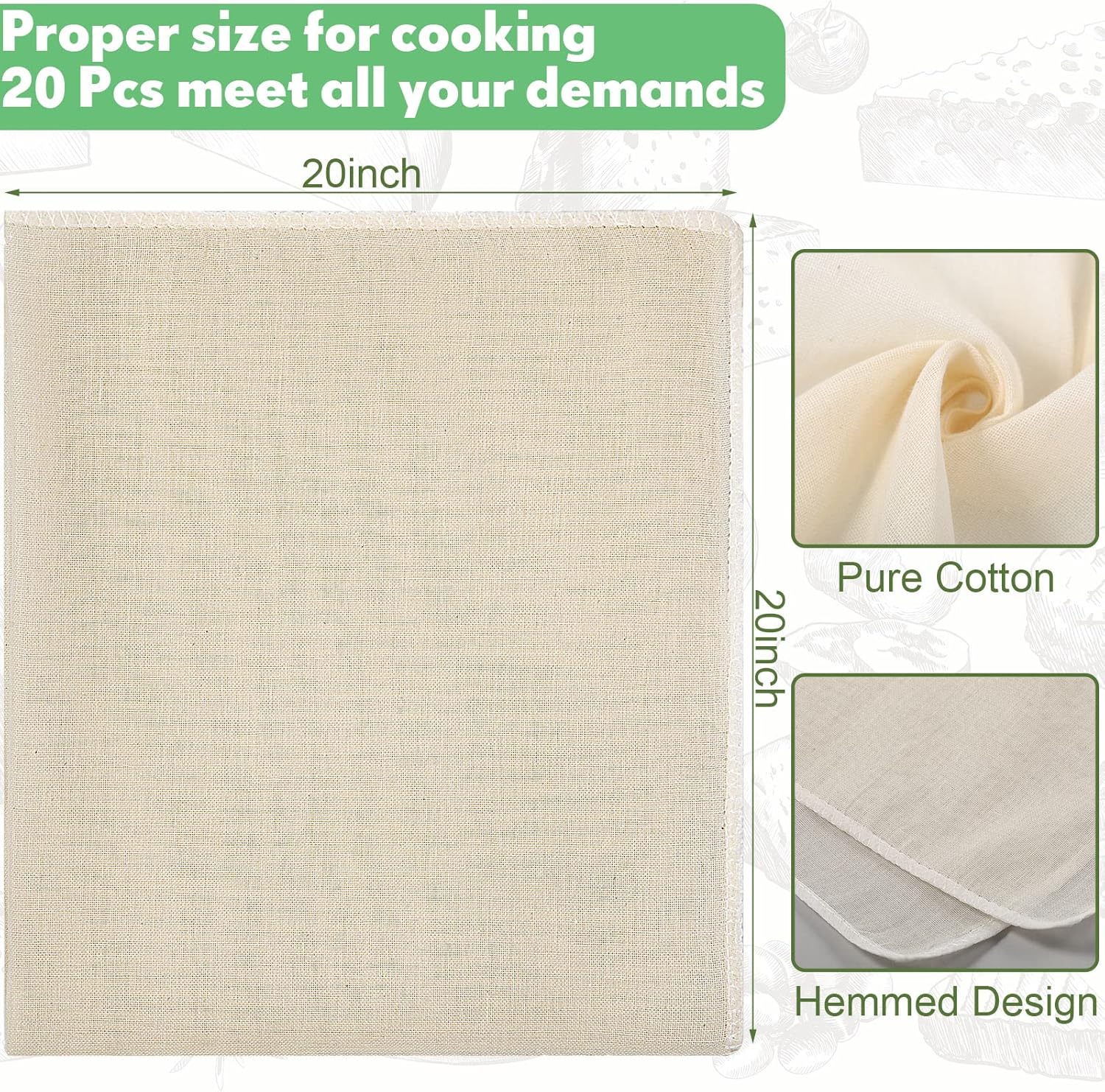20 Pieces Grade 100 Cheesecloth for Straining, Unbleached Cotton, 20 x 20 Inch Z23910