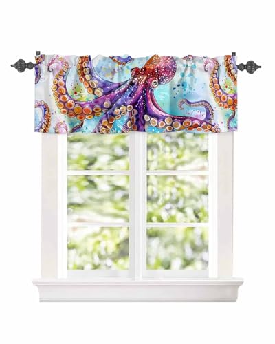 BUWOOGER Rod Pocket Window Valances Summer Coastal Octopus Kitchen Curtains 54x18IN, 1 Panel C33712