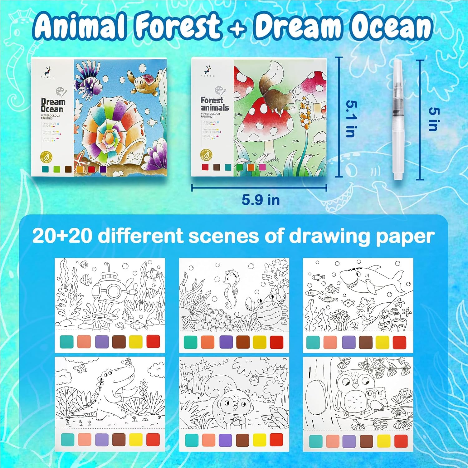 Watercolor Coloring Books for Kids Ages 4-8 with Paint Sets Z203