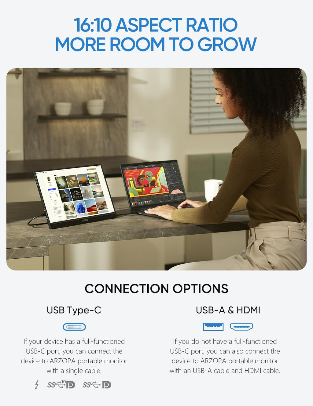 ARZOPA 2.5K Portable Monitor 16" HDR USB-C HDMI Laptop Monitor E457412