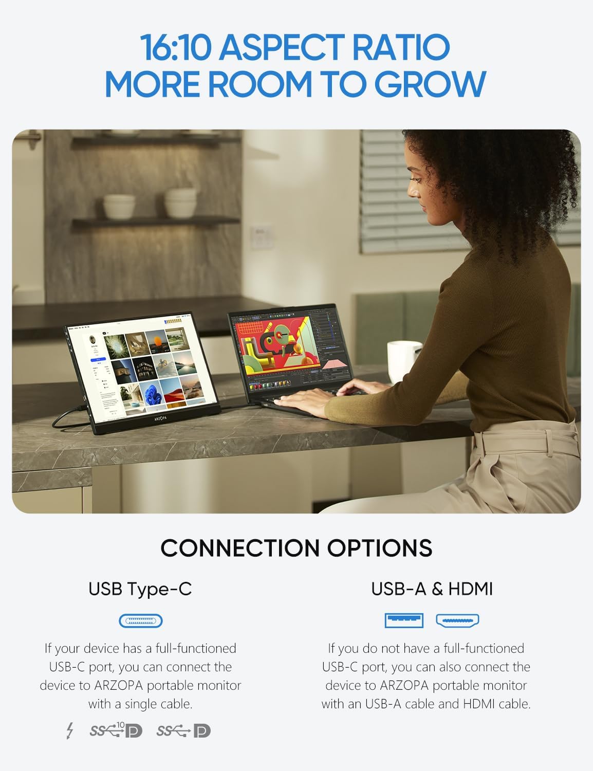 ARZOPA 2.5K Portable Monitor 16" HDR USB-C HDMI Laptop Monitor E457412