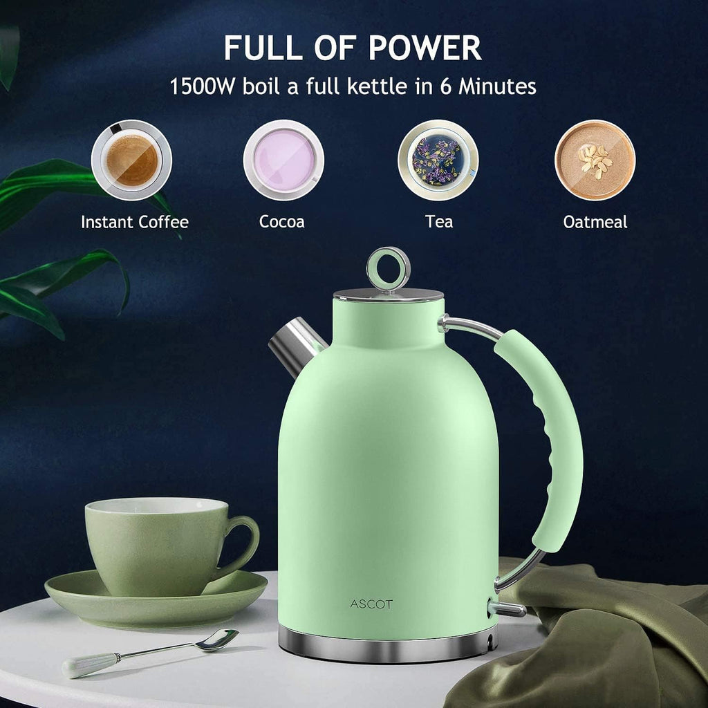 Electric Kettle ASCOT, Stainless Steel 1.5L Retro Tea Kettle, Auto Shut-Off, Matte Green W895250