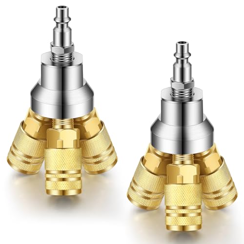 Gisafai 2 Pcs 3 Way Air Manifold Air Hose Splitter Air Compressor Fittings 4 Ports Industrial Socket in Line with 3 Steel Couplers and 1/4" Male NPT Plug