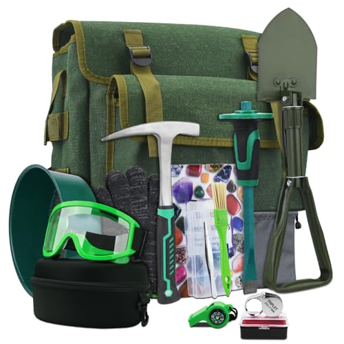 15 PCS Geology Rock Pick Hammer Kit, 22oz Hammer & Digging Chisels for Rock Hounding, Gold Mining & Prospecting Equipment Tool Shovel,Backpack,Magnifying Glass, Goggles,Whistle，Soil sieve