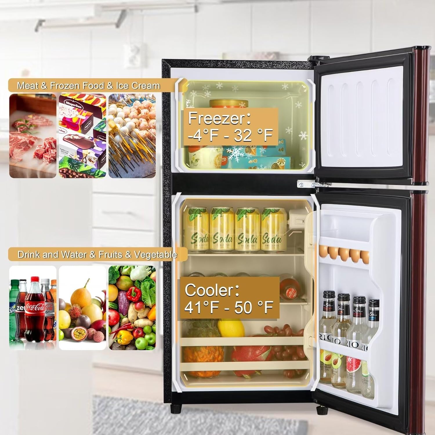 Compact Refrigerator 3.5 Cu.Ft Double Door Mini Fridge for Kitchen Dorm Office P4146