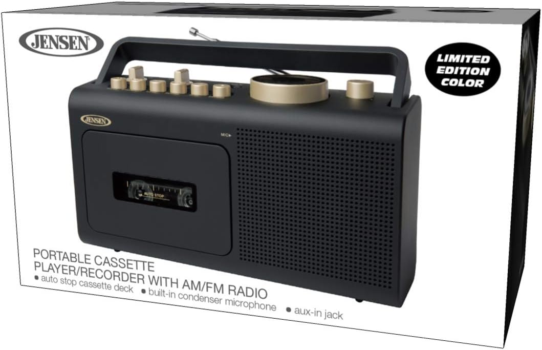 Jensen MCR-250 Portable Boombox Retro AM/FM Radio Cassette Player Recorder with Aux Input, Gold Edition W498