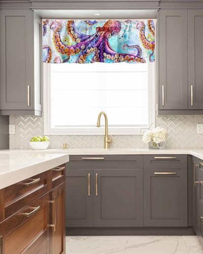 BUWOOGER Rod Pocket Window Valances Summer Coastal Octopus Kitchen Curtains 54x18IN, 1 Panel C33712