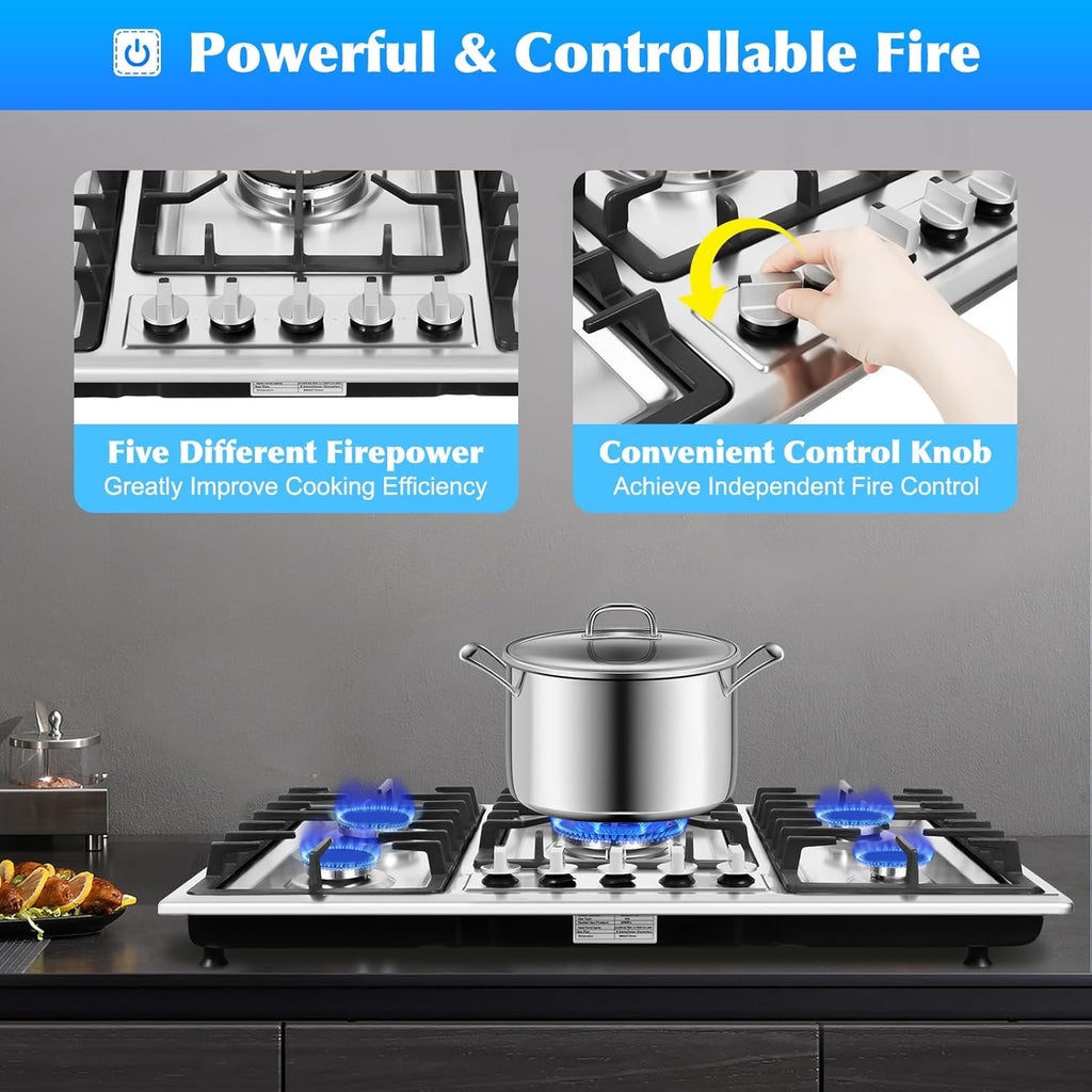 Gas Cooktop 34 inch 5 Burners Built-in Stainless Steel NG/LPG R454