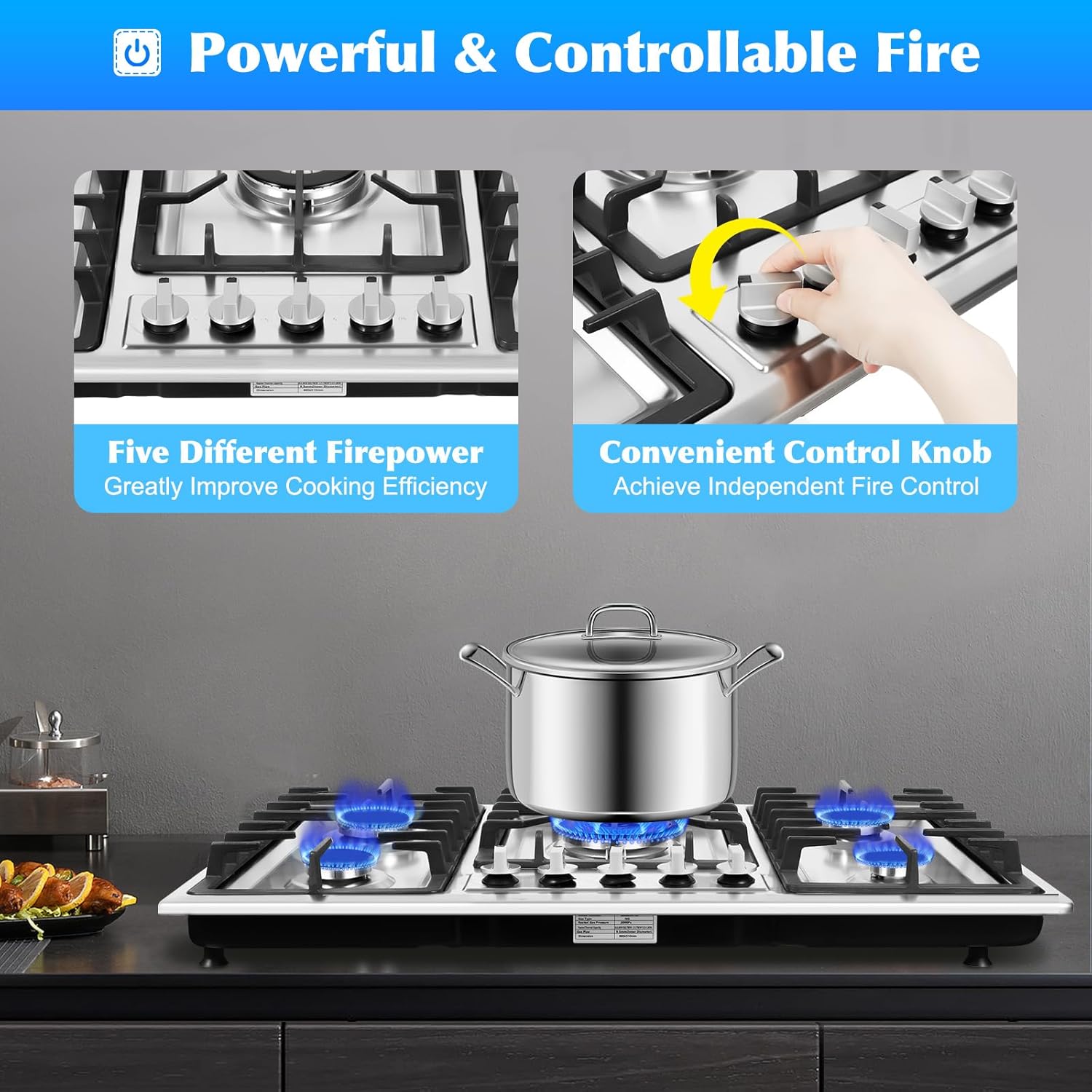 Gas Cooktop 34 inch 5 Burners Built-in Stainless Steel NG/LPG R454