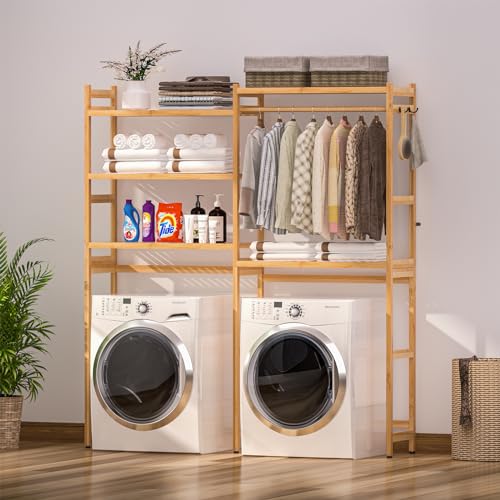 Cozivolife Over Washer Dryer Storage Shelf Bamboo 5 Tier Laundry Rack with Hooks G707