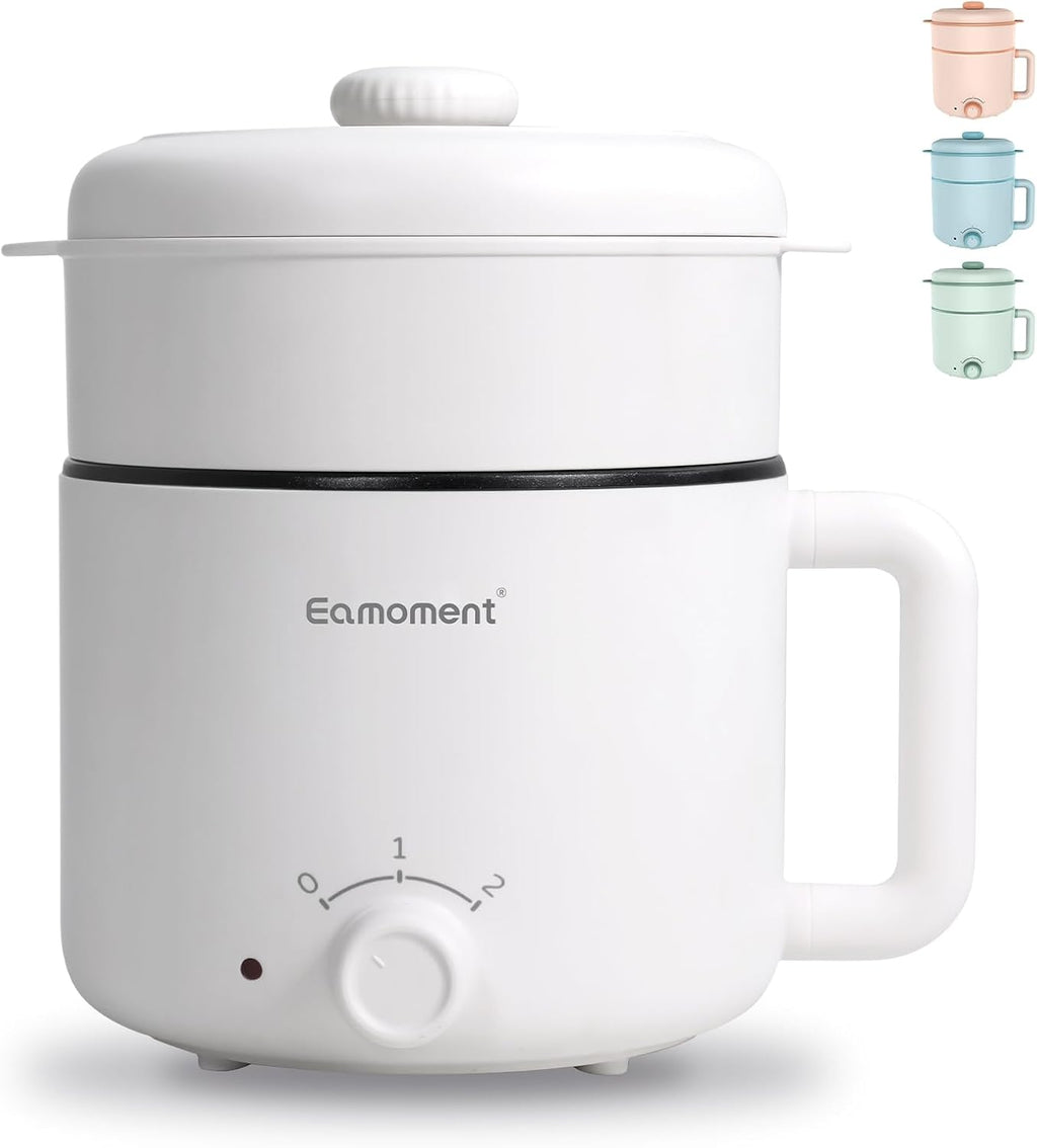 White Ramen Cooker Hot Pot Electric Mini With Steamer 1.2L Portable Ramen Cooker With Nonstick Coating 300W/600W, Boil Dry Protection,Dorm Applicable to College Students NM-6RC004EAW