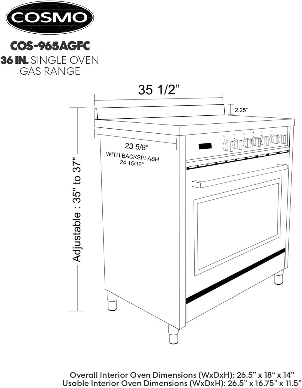 Cosmo COS-965AGFC 36 in. Gas Range with 5 Burner Cooktop, Stainless Steel D6909