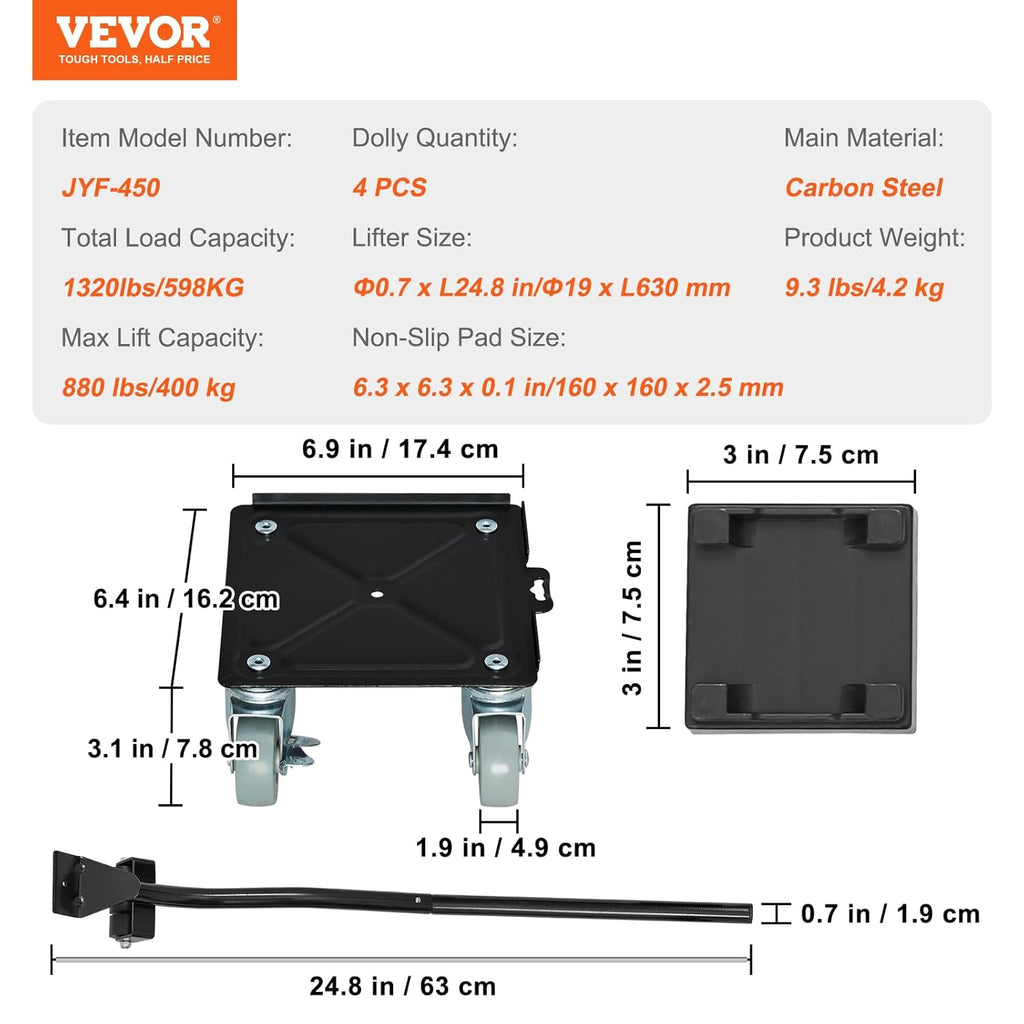 VEVOR Heavy Furniture Movers, Carbon Steel Dolly, 360° Rotatable Wheels with Brakes, 1320 lbs Capacity D187