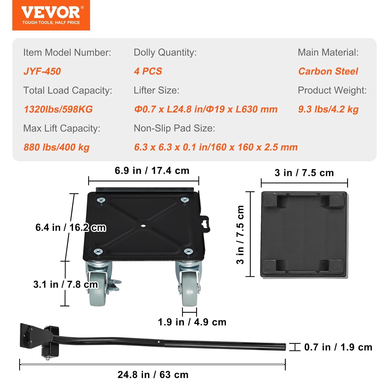 VEVOR Heavy Furniture Movers, Carbon Steel Dolly, 360° Rotatable Wheels with Brakes, 1320 lbs Capacity D187
