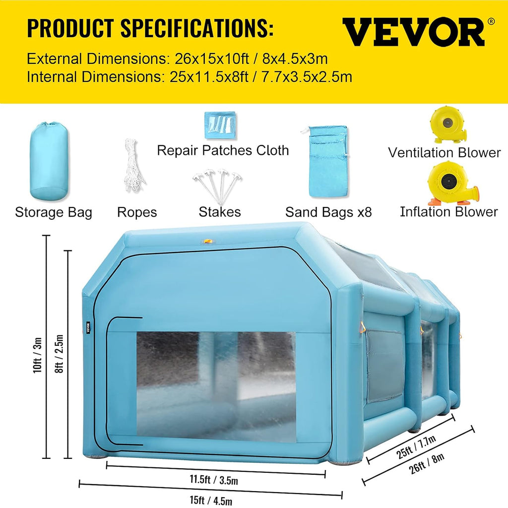 VEVOR Portable Inflatable Paint Booth 26x15x10ft Spray Tent with Air Filter & 2 Blowers L3158