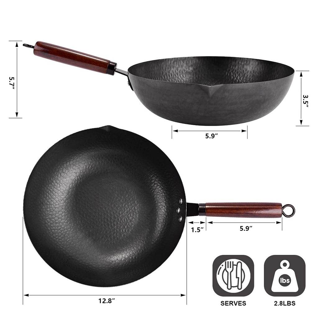 12.8" Carbon Steel Wok with Lid, Flat Bottom for Induction, Gas Stoves Z7353