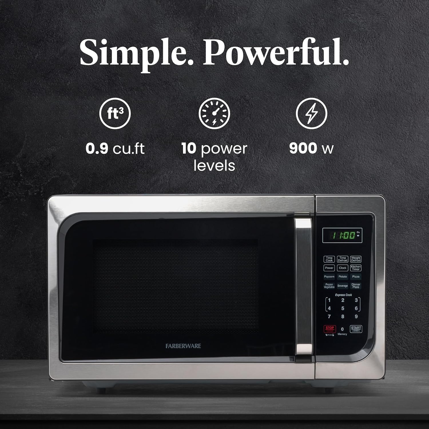 Farberware Countertop Microwave 900W 0.9 cu ft with LED Lighting J9564