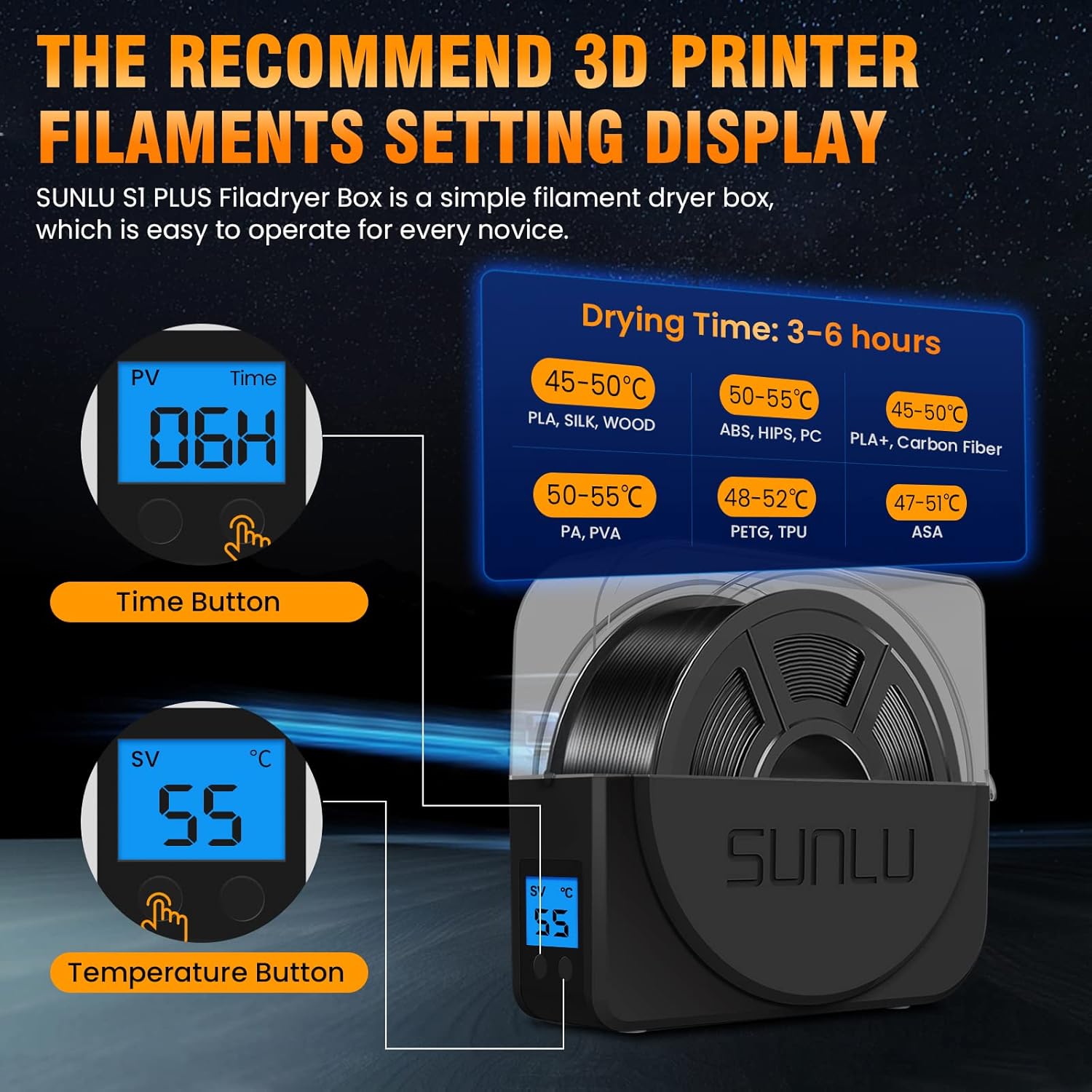 SUNLU Filament Dryer Box S1 Plus, Built-in Fan, Compatible with PLA PETG ABS A82541