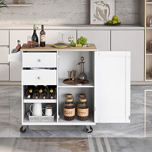 Kitchen Island Cart on Wheels with Storage, Rolling Cart Cabinet with 2 Drawers 2 Open Shelves 1 Adjustable Tray, Rubberwood Top Small Microwave Removable Trolley with Spice Rack and Towel Rack