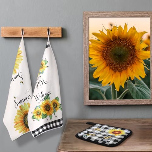 Bencailor 13 Pcs Bee Sunflower Kitchen Decor Set with Wooden Spoons, Towels, Aprons, Oven Mitts & Pot Holders L284856