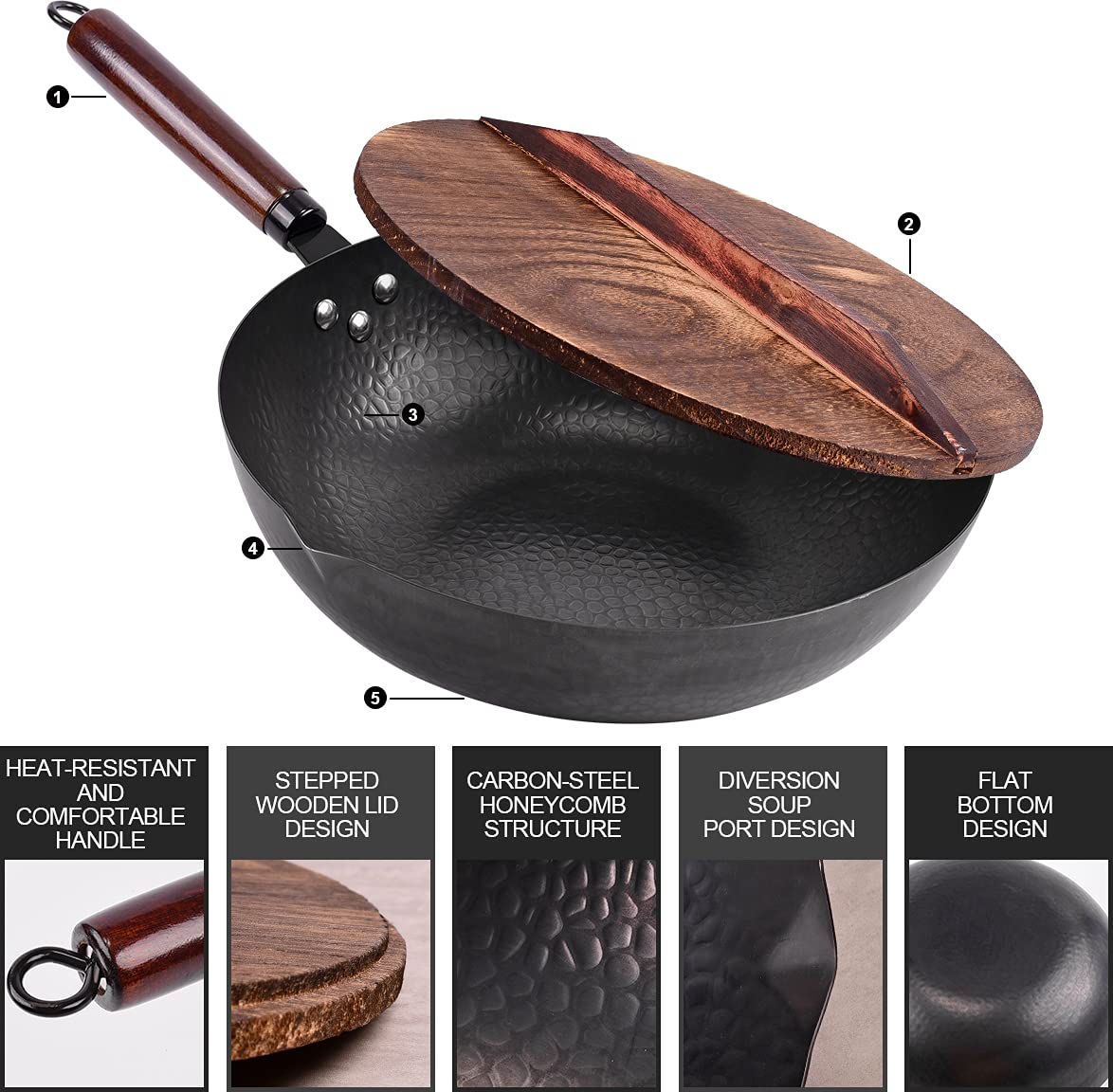 12.8" Carbon Steel Wok with Lid, Flat Bottom for Induction, Gas Stoves Z7353