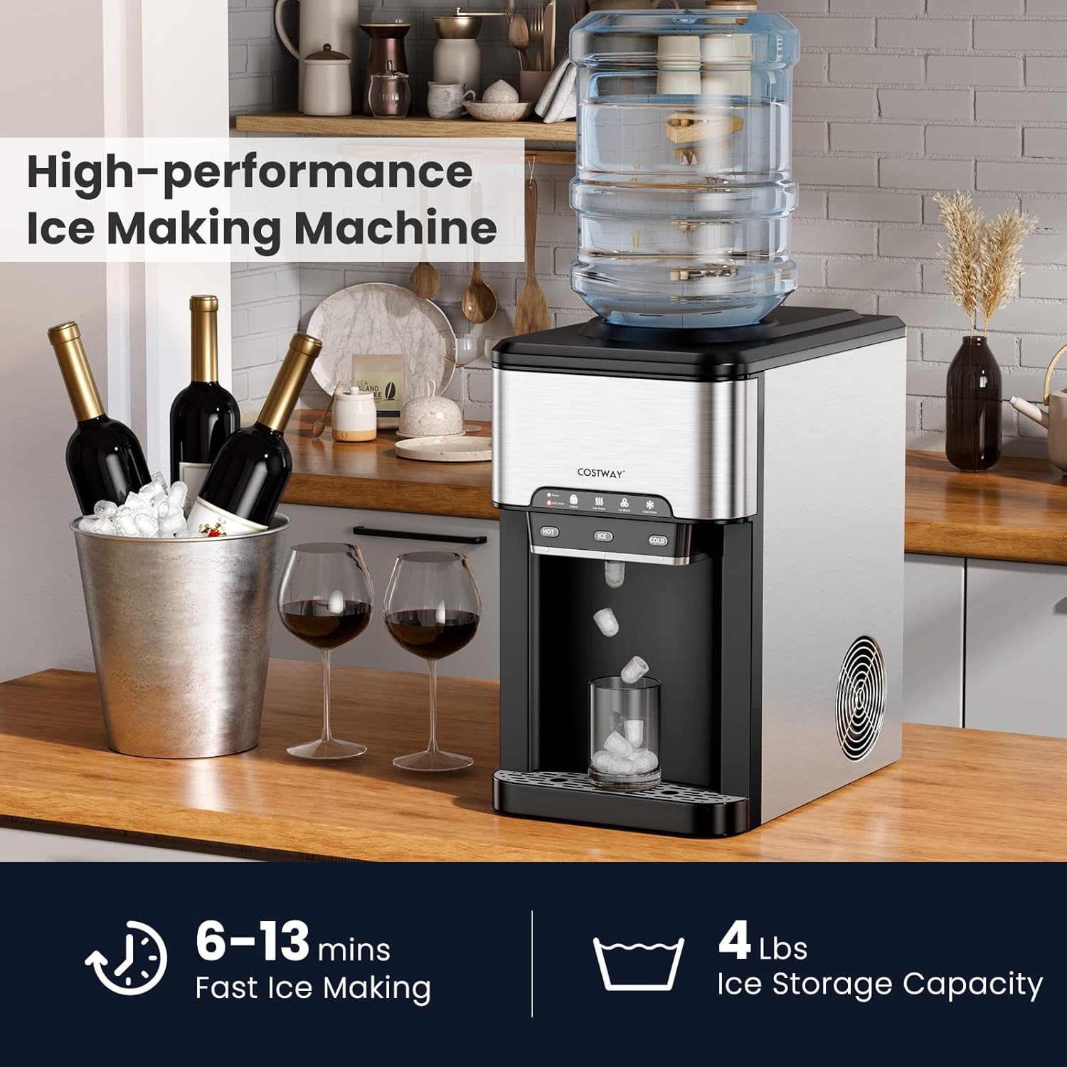 COSTWAY Water Dispenser with Ice Maker, 3-in-1 Countertop Hot Cold Cooler G403