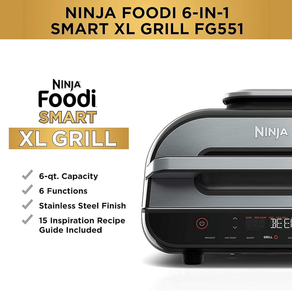 Ninja FG551 Foodi Smart XL 6-in-1 Indoor Grill with Air Fry, Black/Silver D573