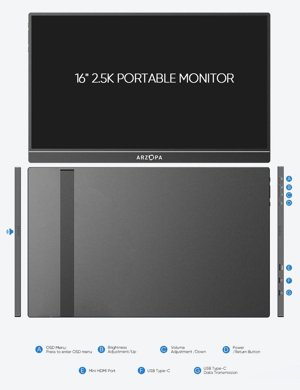 ARZOPA 2.5K Portable Monitor 16" HDR USB-C HDMI Laptop Monitor E457412