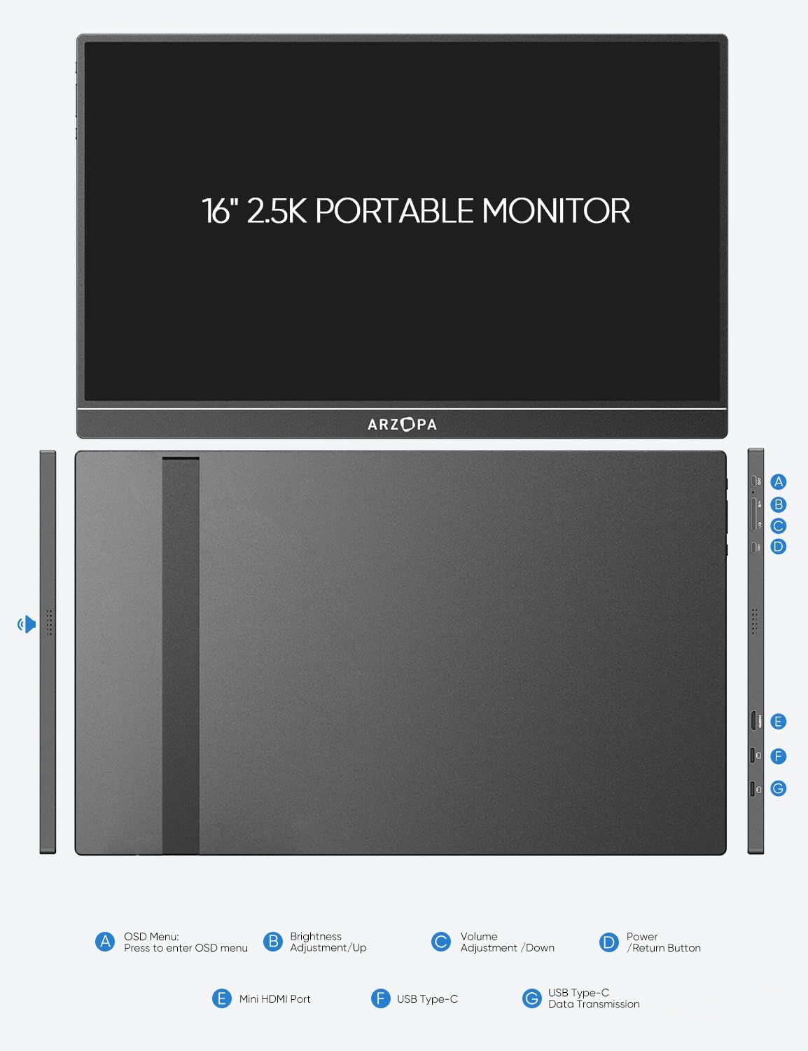 ARZOPA 2.5K Portable Monitor 16" HDR USB-C HDMI Laptop Monitor E457412