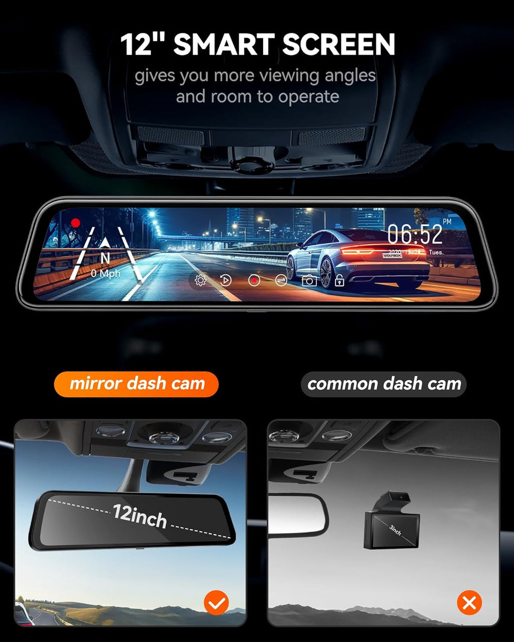 WOLFBOX G840S 12" 4K Mirror Dash Cam Backup Camera with Front and Rear Dual Cameras L37563