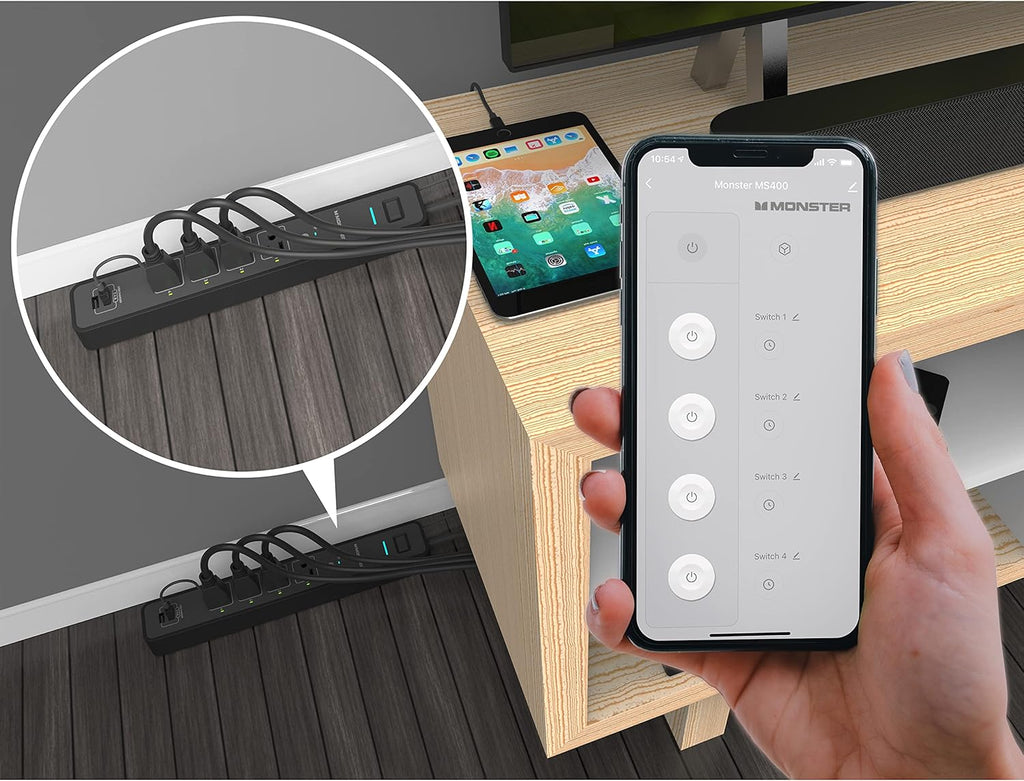 Monster Smart Power Outlet WiFi with Alexa & Google Assistant, 4 Outlets 2 USB-A, Black J392