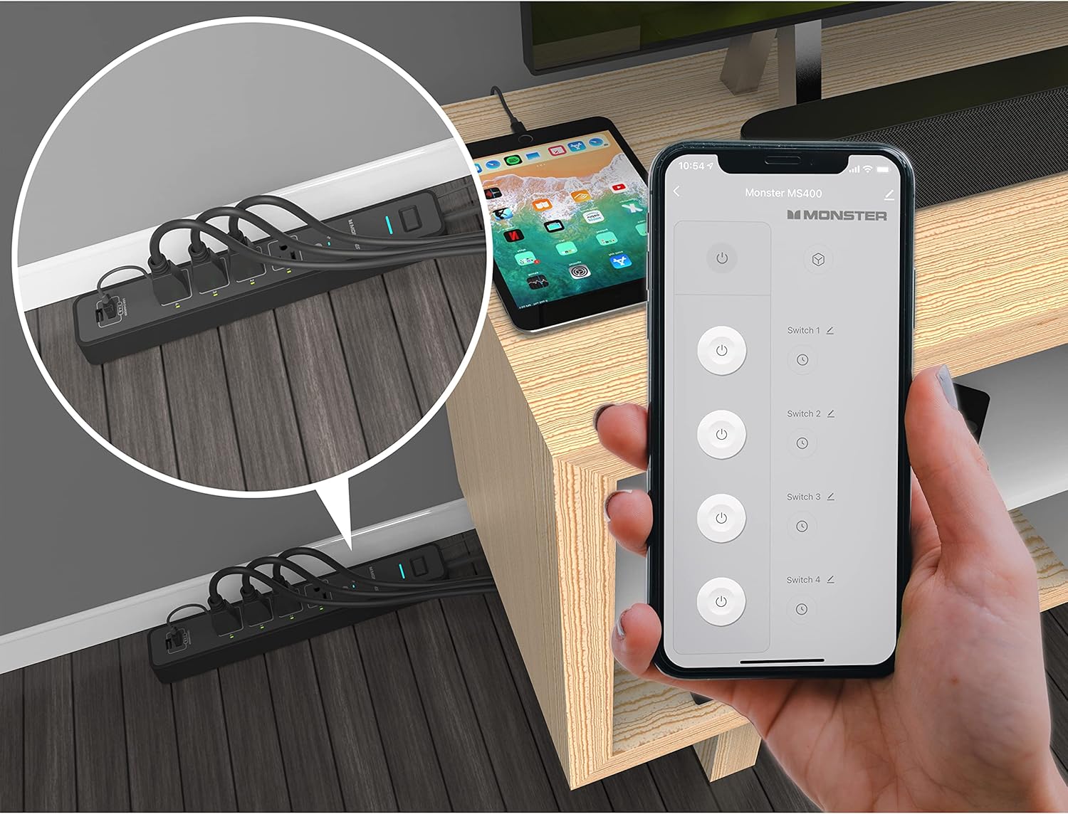 Monster Smart Power Outlet WiFi with Alexa & Google Assistant, 4 Outlets 2 USB-A, Black J392