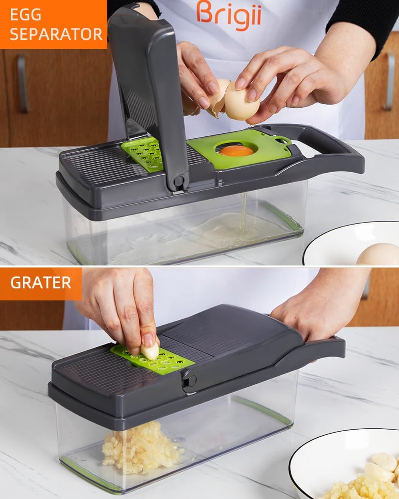 Brigii Vegetable Chopper with 12 Kitchen Gadgets, Mandoline Slicer & Dicer Cutter, Gray-Green L5019