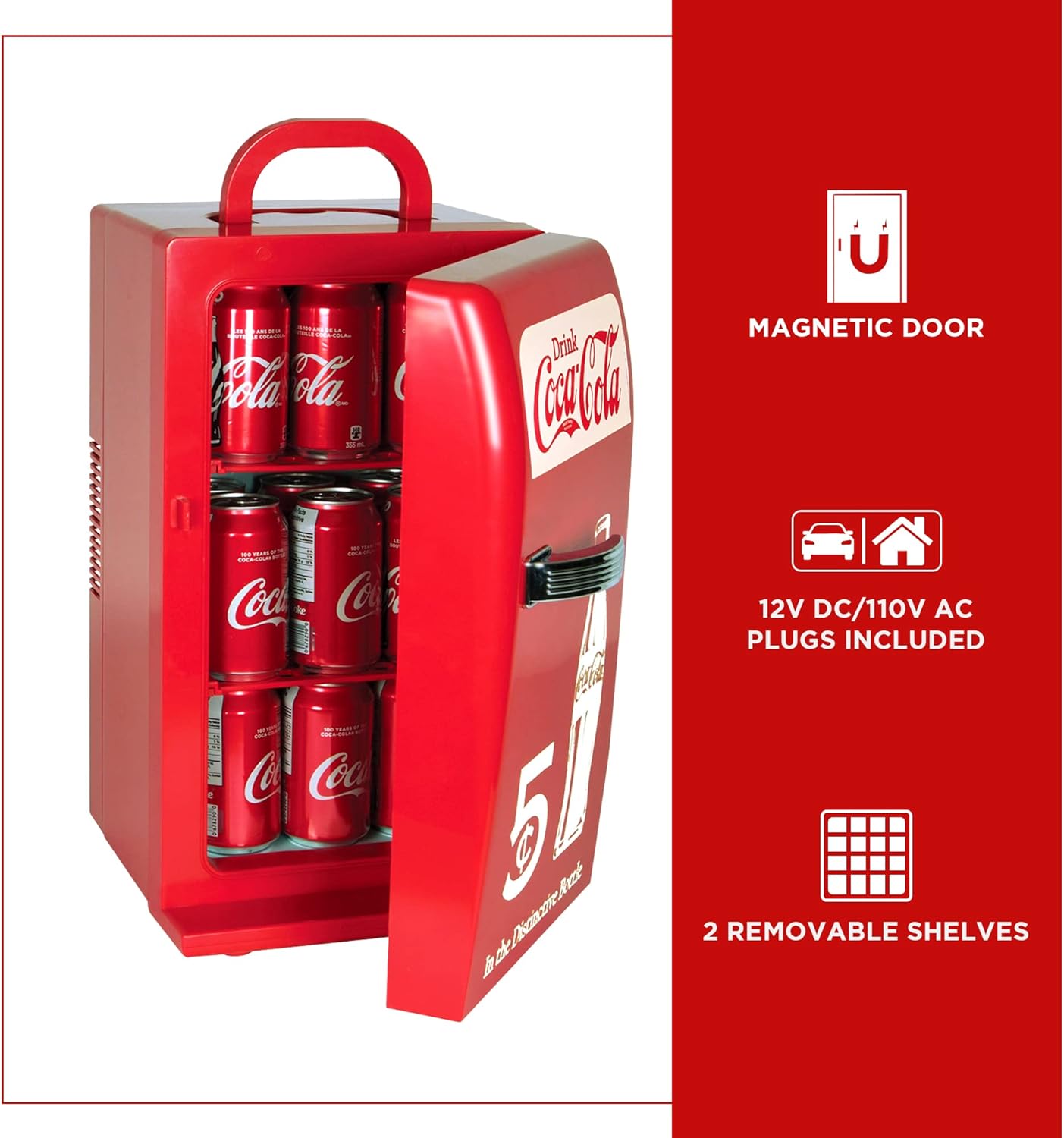 Coca-Cola Retro 18 Can Mini Fridge 22L, AC/DC Portable Cooler with 12V and AC Cords P411416
