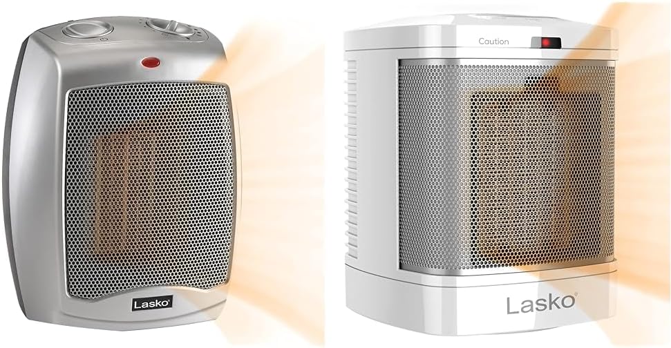 Lasko Ceramic Adjustable Thermostat Space Heaters, Non-Oscillating, 754200 Silver & CD08200 Small Portable Ceramic Space Heater for Bathroom and Indoor Home Use, White
